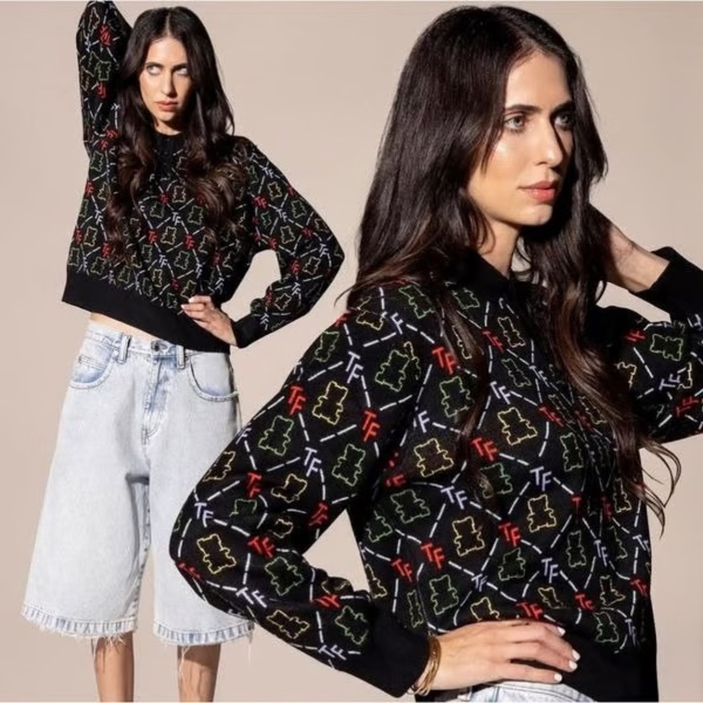 Teddy Fresh Black Logo Jacquard Henley Polo Collar Knit Sweater Size XS